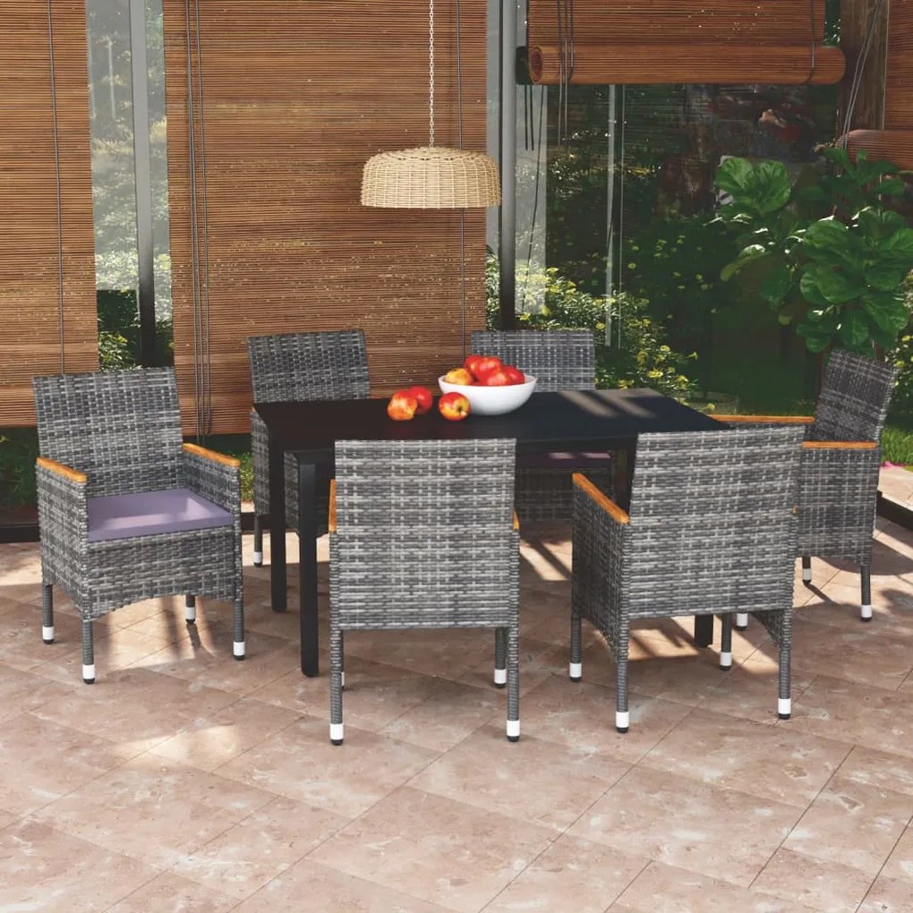 Set da pranzo per giardino 7 pz con cuscini polyrattan grigio