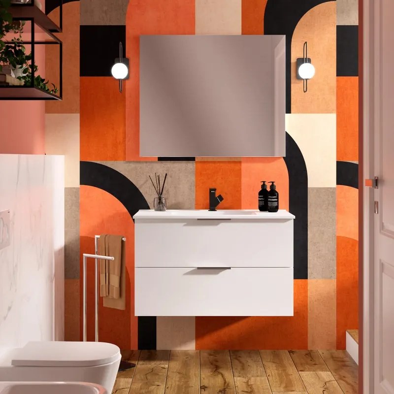 Mobile bagno sospeso con lavabo L 90 x H 55 x P 45 cm bianco lucido 2 cassetti per vasca centrale Jnka