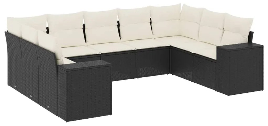 Set divani da giardino 9 pz con cuscini nero in polyrattan