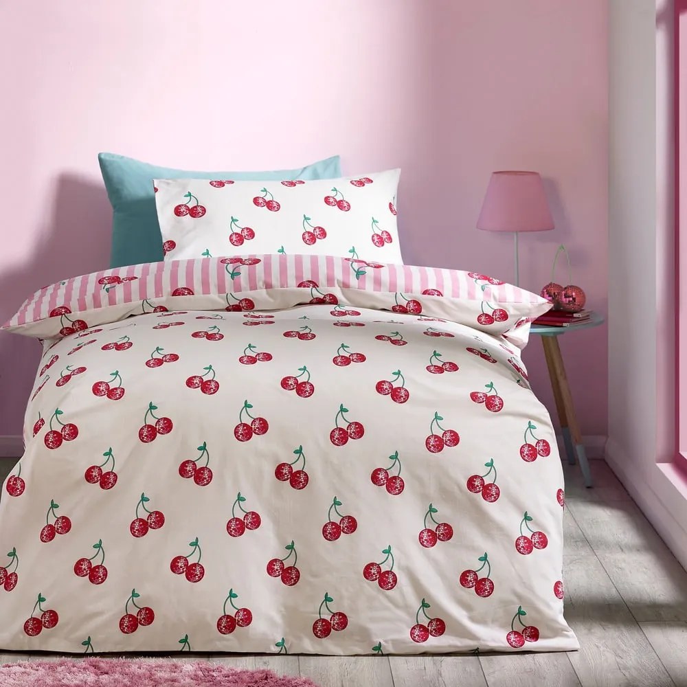 Set copripiumino e federa bianco e rosa per letto singolo 135x200 cm Disco Cherries Stripes – Catherine Lansfield