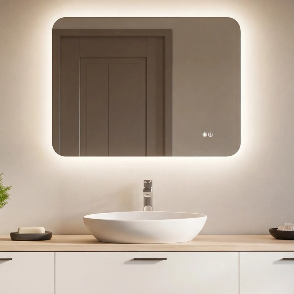 Specchio da bagno arrotondato con illuminazione LED 80x60@x70Px700x808x1008x120 cm, bicolore, interruttore touch, tappetino riscaldante