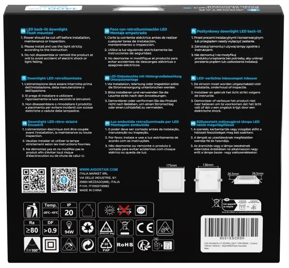 Aigostar - Lampada da incasso LED/12W/230V 6500K 17,5x17,5 cm bianca