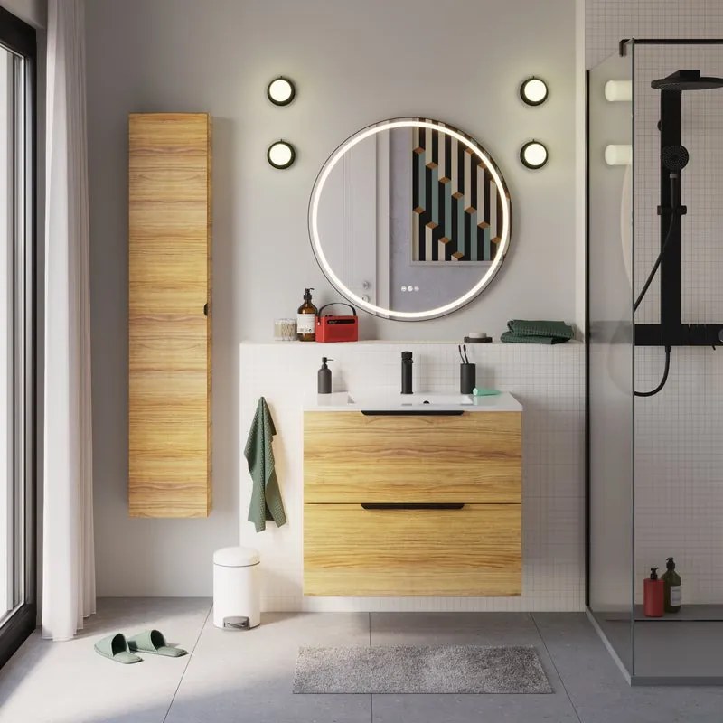 Mobile da bagno sospeso sotto lavabo L 75 x H 64 x P 48 cm rovere miele, 4 cassetti SENSEA Neo, Maniglie acquistabili separatamente