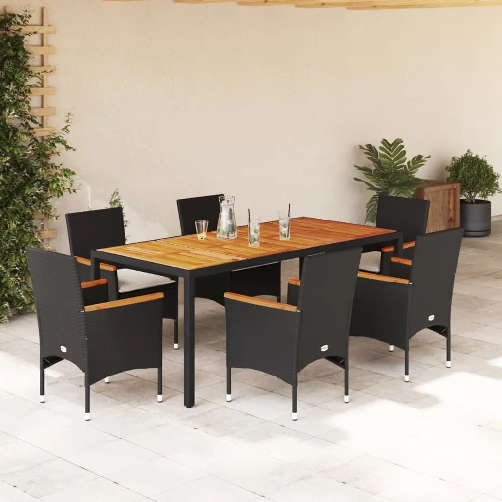 Set pranzo da giardino 7 pz nero con cuscini polyrattan acacia