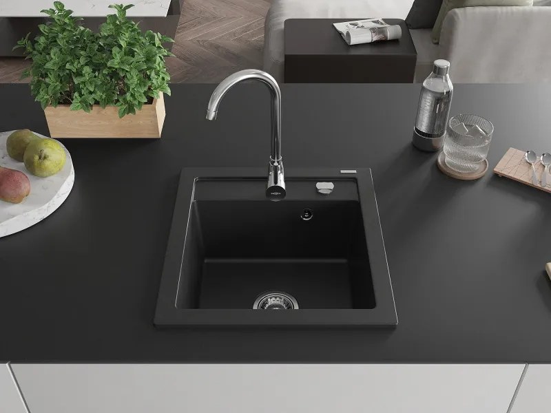 Mexen Vito lavello in granito a 1 vasca 520 x 490 mm, nero, sifone cromato - 6503521000-77