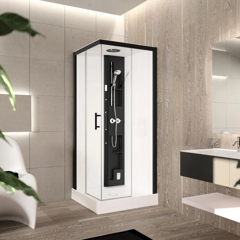 Cabina doccia idromassaggio quadrato PERLA 80 x 80 cm con Hammam e miscelatore meccanico nero e bianco