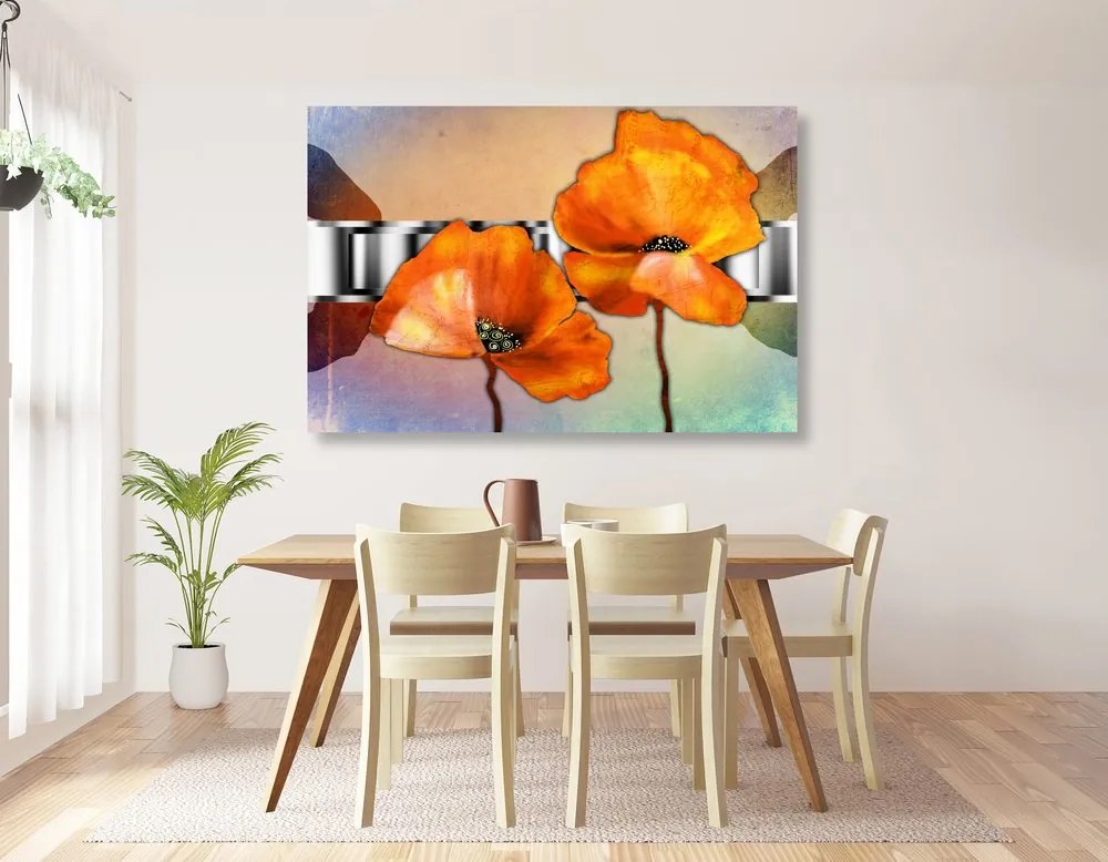 Stampa su tela – Fiori di papavero arancioni in stile orientale