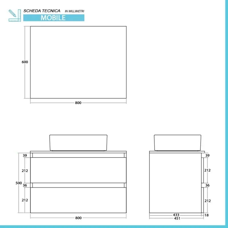 Mobile bagno sospeso 80 cm ossido e noce con top lavabo e specchio Kleo