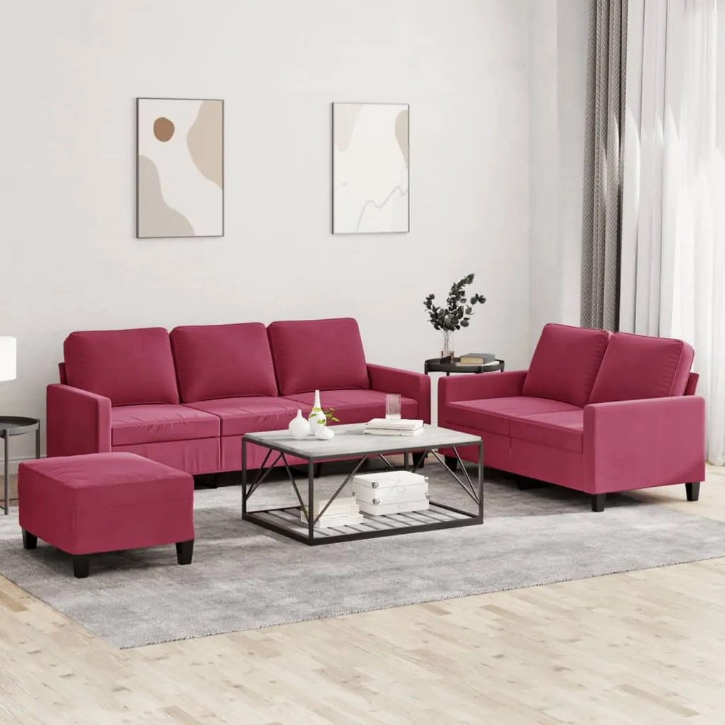 Set Di Divani 3 Pz Con Cuscini Rosso Vino İn Velluto /