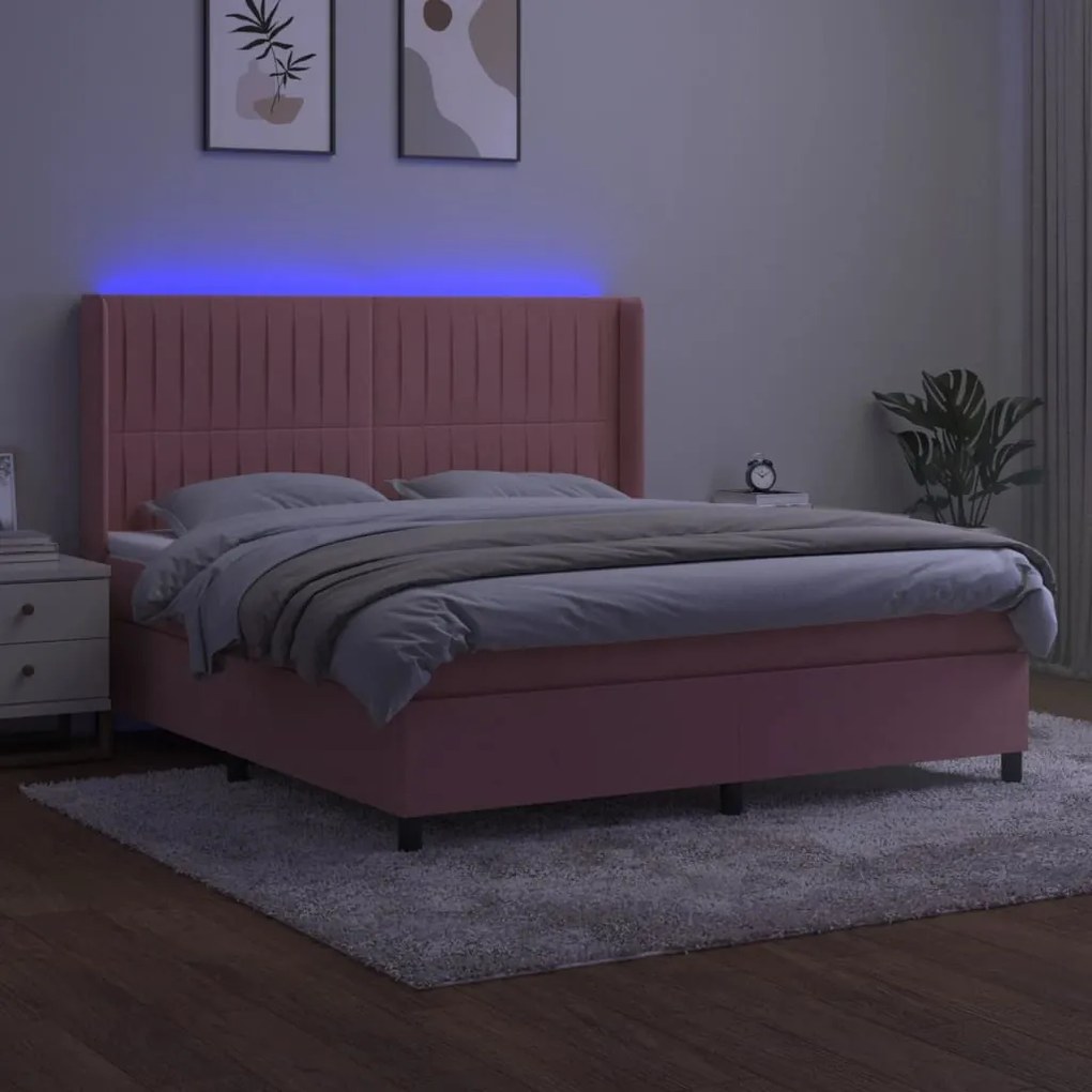 Letto a molle con materasso e led rosa 180x200 cm in velluto