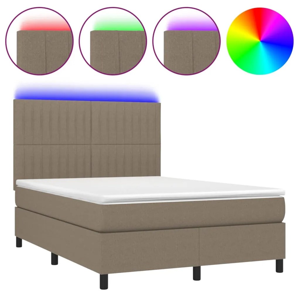 Letto a molle con materasso e led tortora 140x200 cm in tessuto