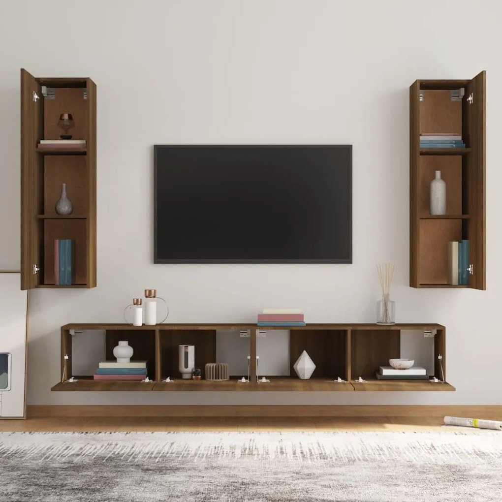 Set mobili porta tv 4 pz rovere marrone in legno multistrato