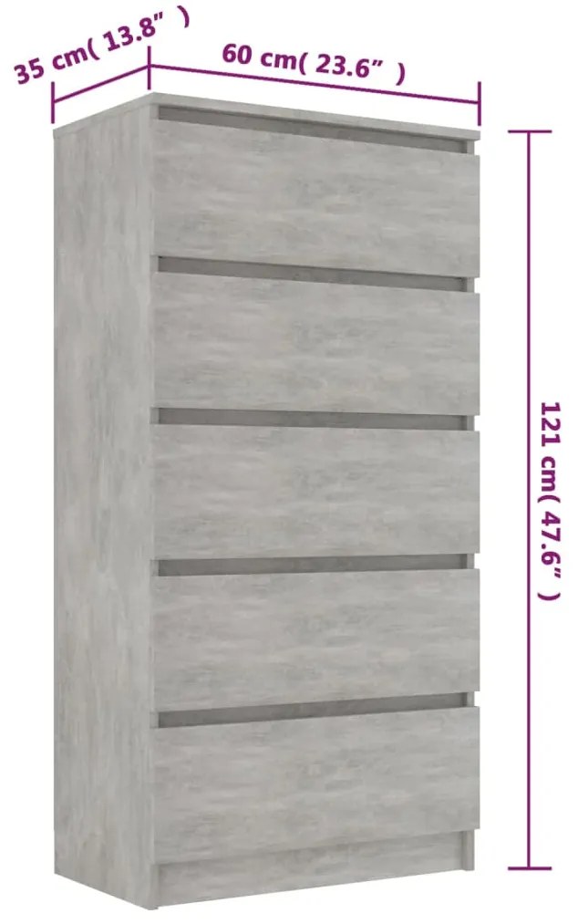 Credenza Cassetti Grigio Cemento 60x35x121 cm Legno Multistrato