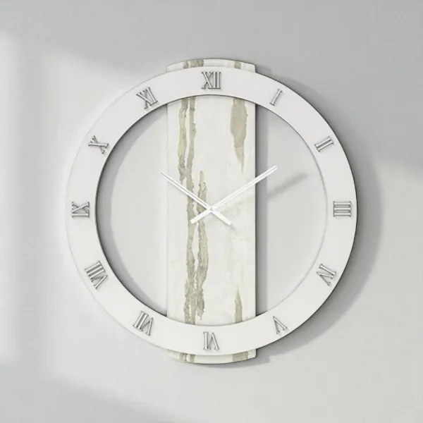 Orologio rotondo D60 cm in legno rivestito con parato e dettagli Argento TYLER