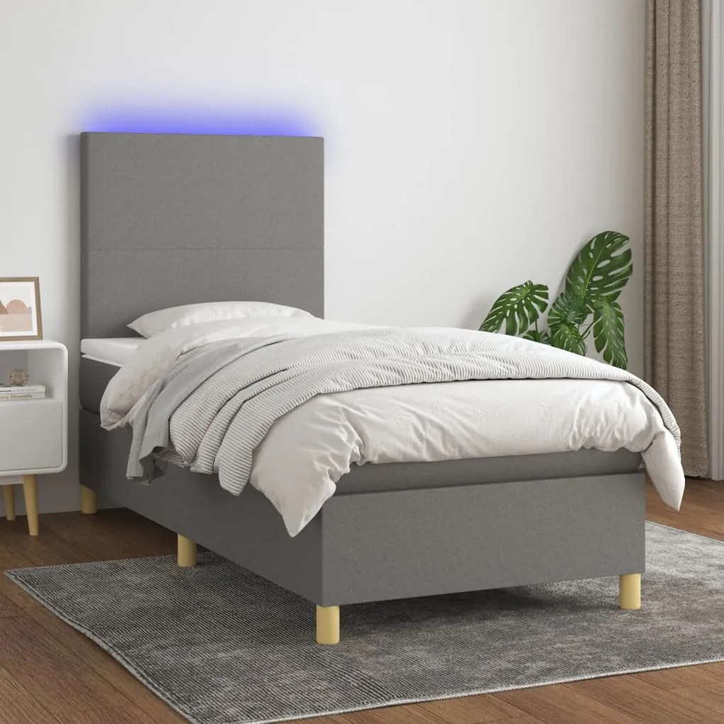 Letto a molle materasso e led grigio scuro 90x190 cm in tessuto