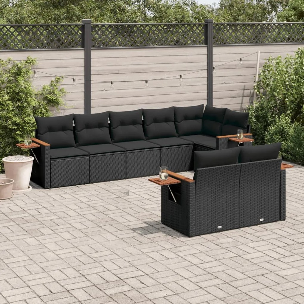 Set divani da giardino con cuscini 8 pz nero in polyrattan