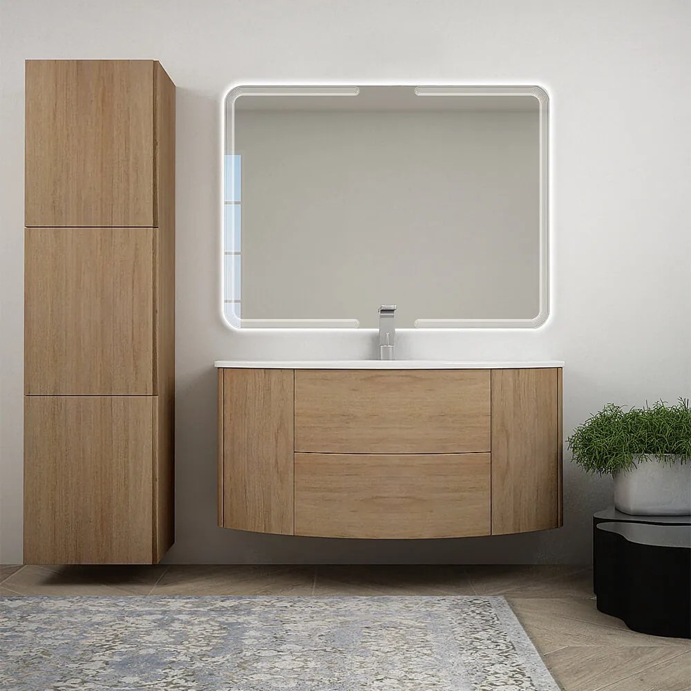 Mobile bagno 120 cm Rovere tabacco sospeso con specchio led e colonna da 170 cm