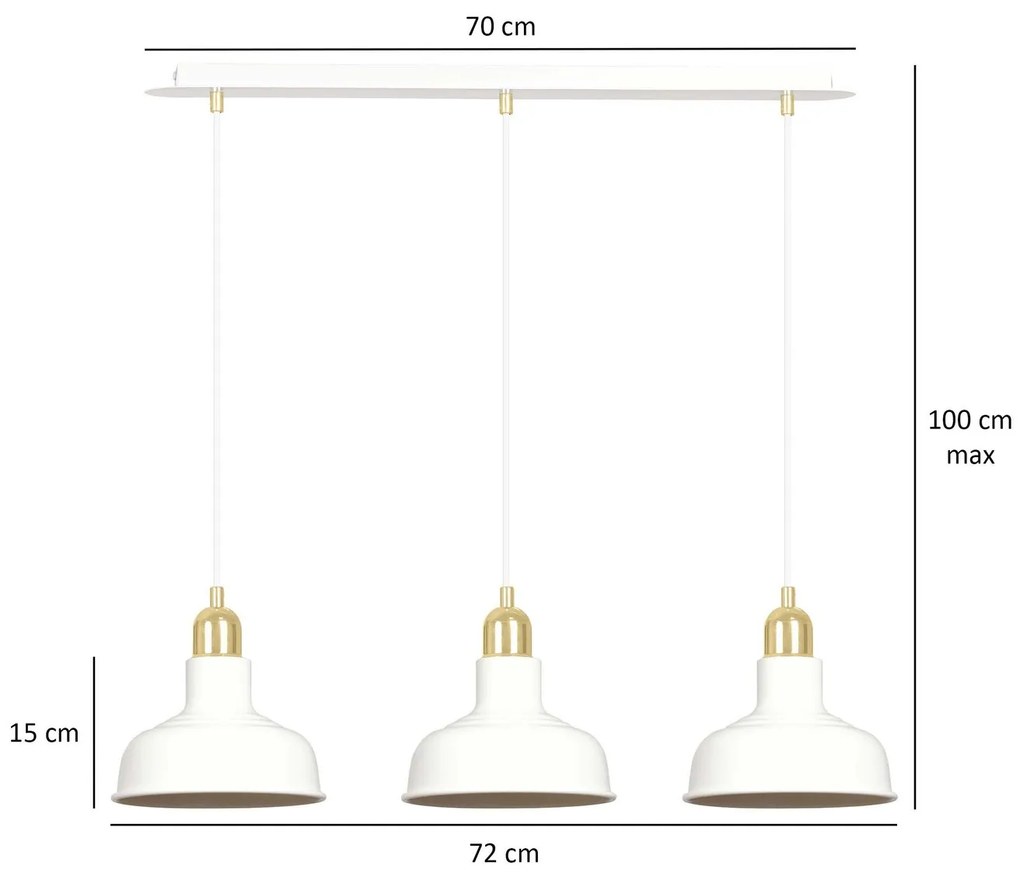 Lampadario Industrial 3 Luci Ibor In Acciaio Bianco Con Elementi In Oro