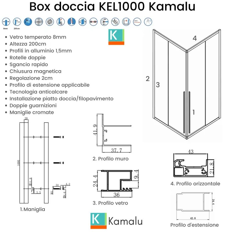 Kamalu - Box doccia 90x110 angolare doppio scorrevole vetro 8mm altezza 200h | KEL1000