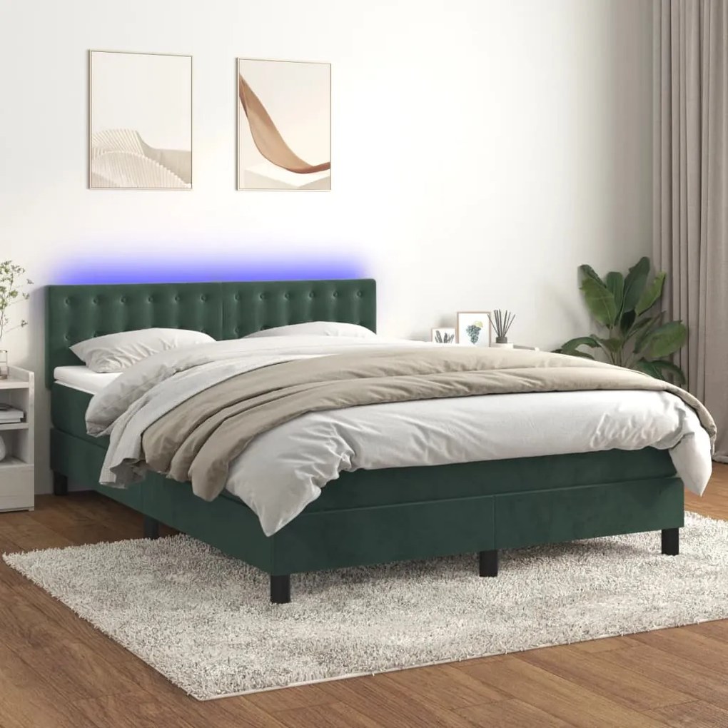 Letto a molle con materasso e led verde scuro 140x190cm velluto