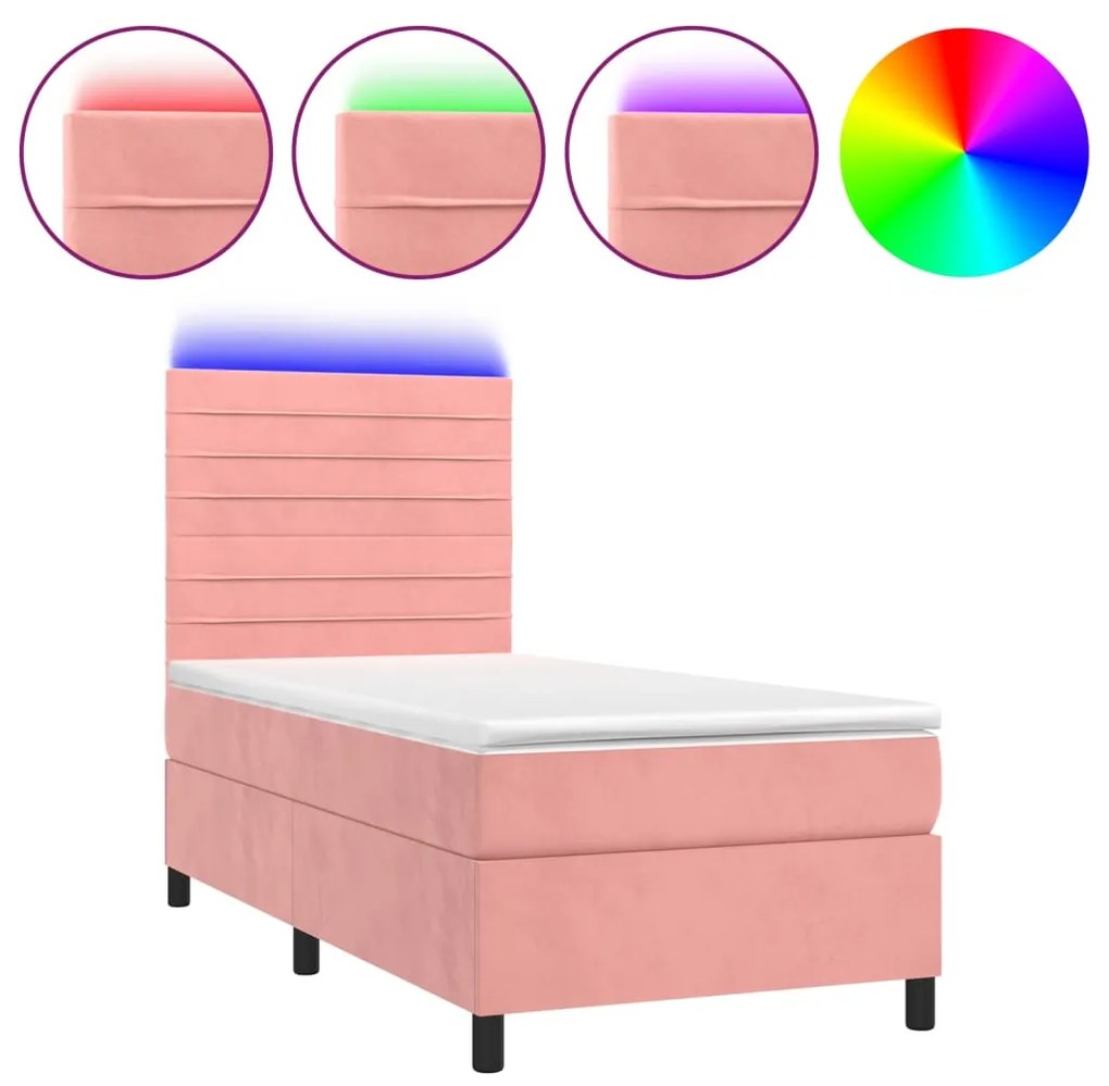 Letto a molle con materasso e led rosa 90x190 cm in velluto