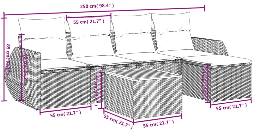 Set divano da giardino 6 pz con cuscini nero in polyrattan