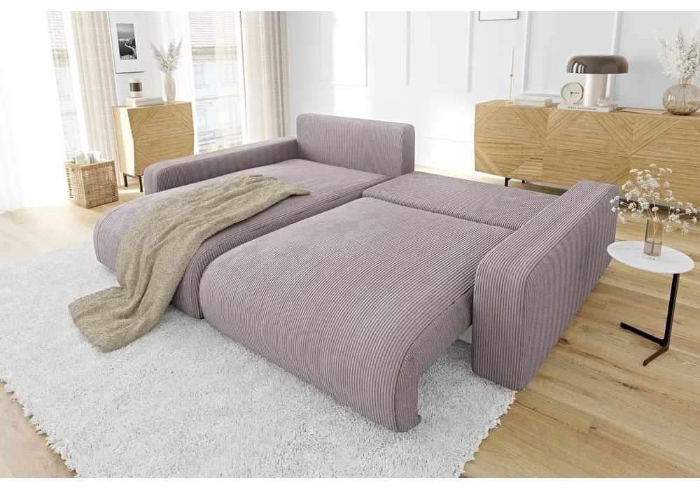 Divano letto angolare in velluto a coste rosa chiaro (penisola variabile) Sara - Ropez