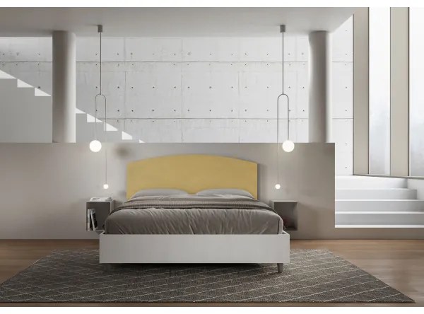 Letto contenitore da 160x190 in legno bianco e testata in microfibra ocra Antilia