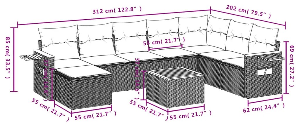 Set divani da giardino 9 pz con cuscini nero in polyrattan