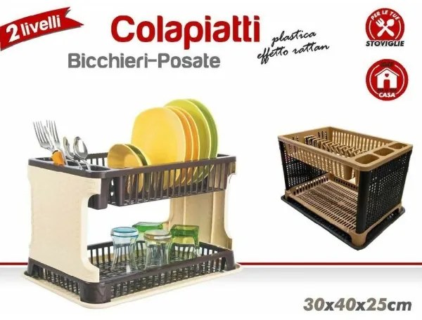 Trade Shop - Scolapiatti In Plastica Effetto Rattan 2 Ripiani Piatti Posate Bicchieri Marrone