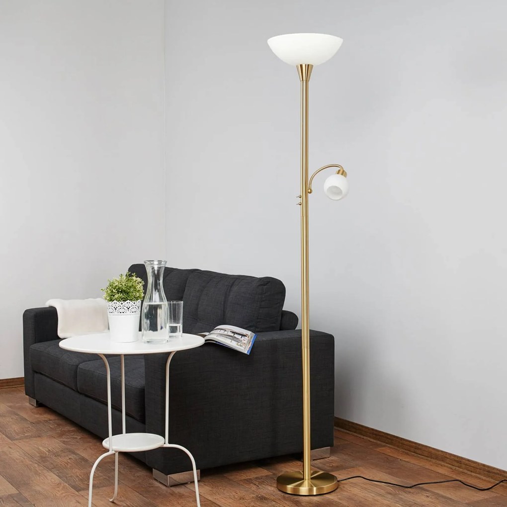Lampada da terra Lindby Elaina, lampada lettura, color ottone, 183 cm E27 Elaina, Ottone / Oro, Soggiorno / Sala da pranzo, Metallo, Moderno, Lampada da terra