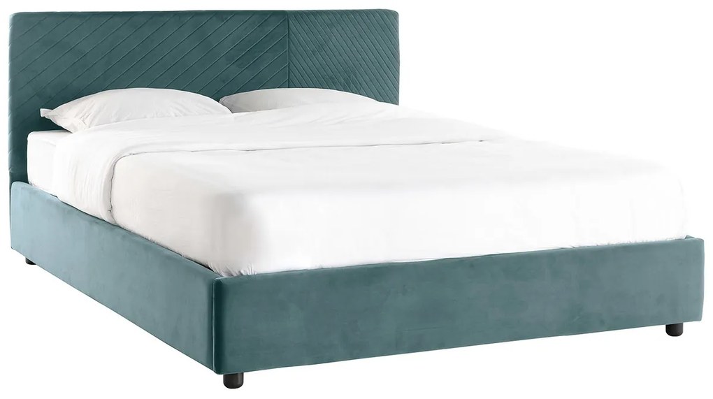 Letto contenitore con rete e testata letto con motivi in velluto blu pavone 160 x 200 cm RIGA