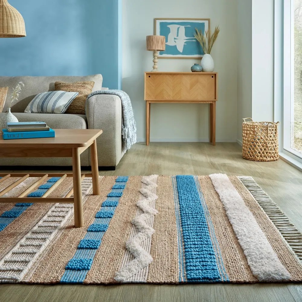 Tappeto blu/di colore naturale in misto iuta tessuto a mano 120x170 cm Medina Jute – Flair Rugs