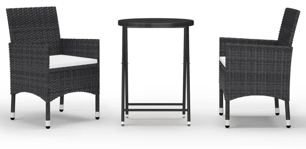 Set da bistrot per giardino 3 pz in polyrattan e vetro nero