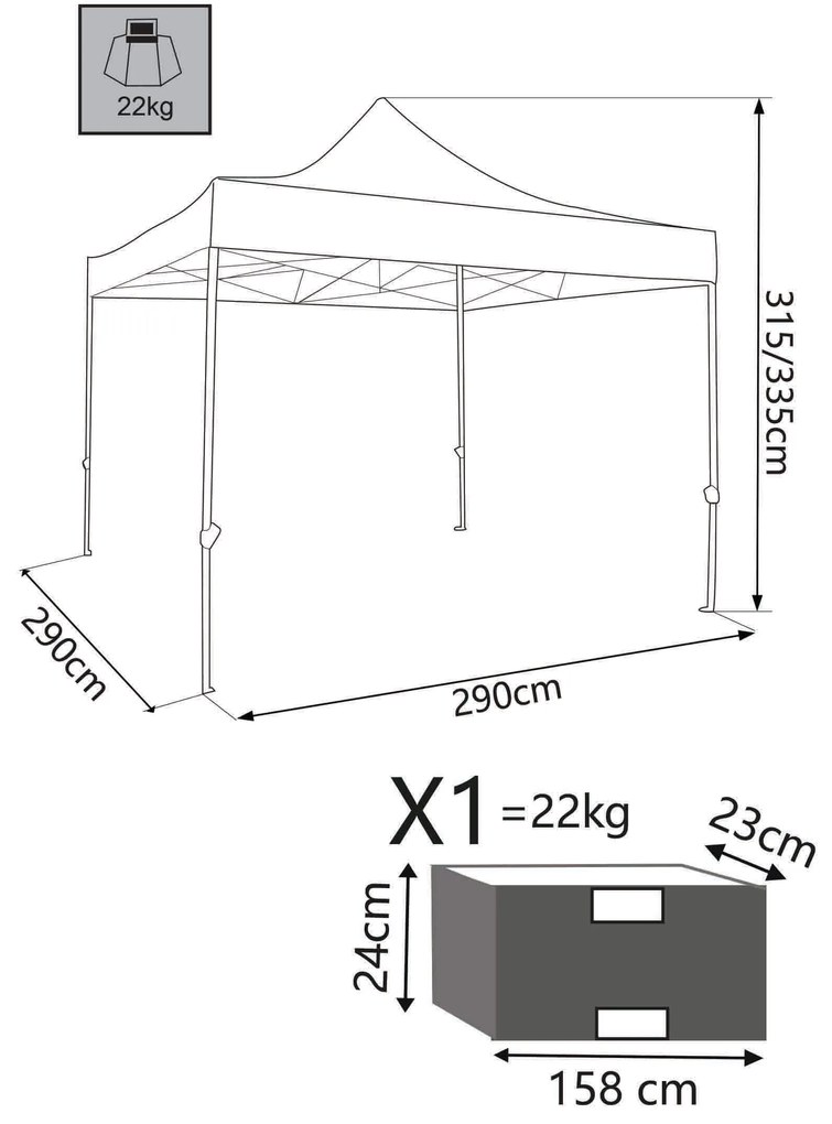 DIADEMA - gazebo pieghevole e richiudibile completo di sacca protettiva in acciaio 3 x 3 m