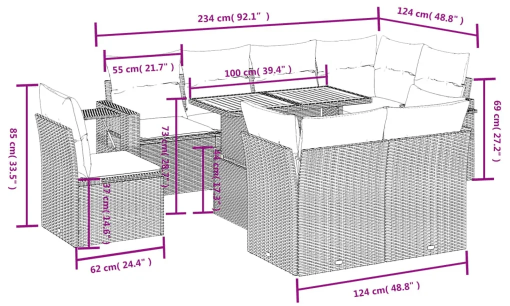 Set divano da giardino 9 pz con cuscini beige in polyrattan