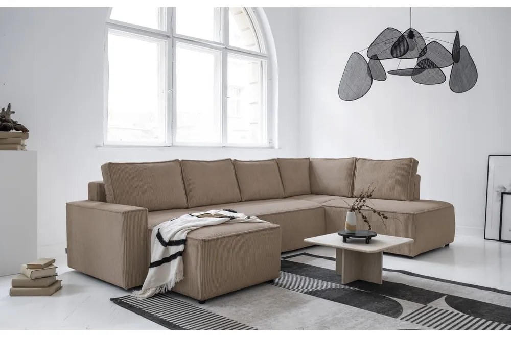 Divano letto angolare in velluto a coste beige Brave Dave - Miuform