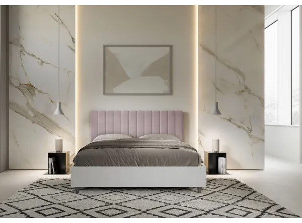 Letto contenitore da 160x200 in legno bianco e testata in microfibra glicine Kaia