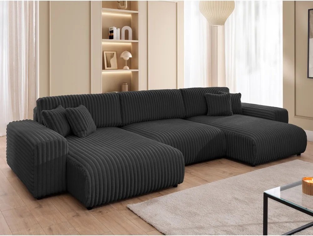 Divano angolare grigio scuro allungabile/con contenitore (a U) rivestito in velluto a coste Sarina – Ropez