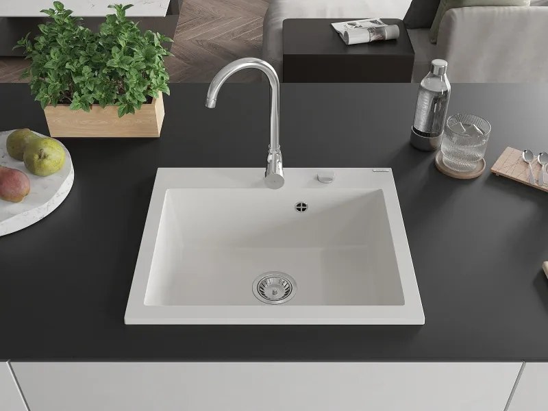 Mexen Elix lavello in granito 1-vasca 600 x 500 mm, bianco, sifone cromato - 6525601005-20