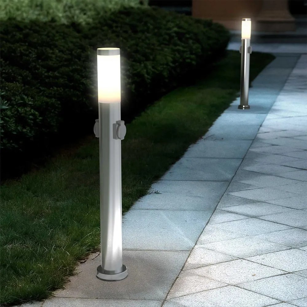 Paletto da giardino con Doppia Presa Corrente, 80cm, Acciaio Inox, E27 Colore Inox