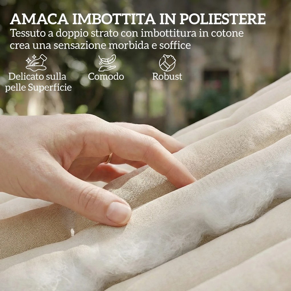 Amaca da Giardino 325x140x2,5 cm con Cuscino e Tasca in Poliestere con Barre di Legno Bianco Crema...