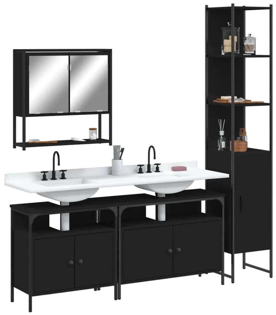Set Mobili Da Bagno 4 Pz Nero İn Legno Multistrato /