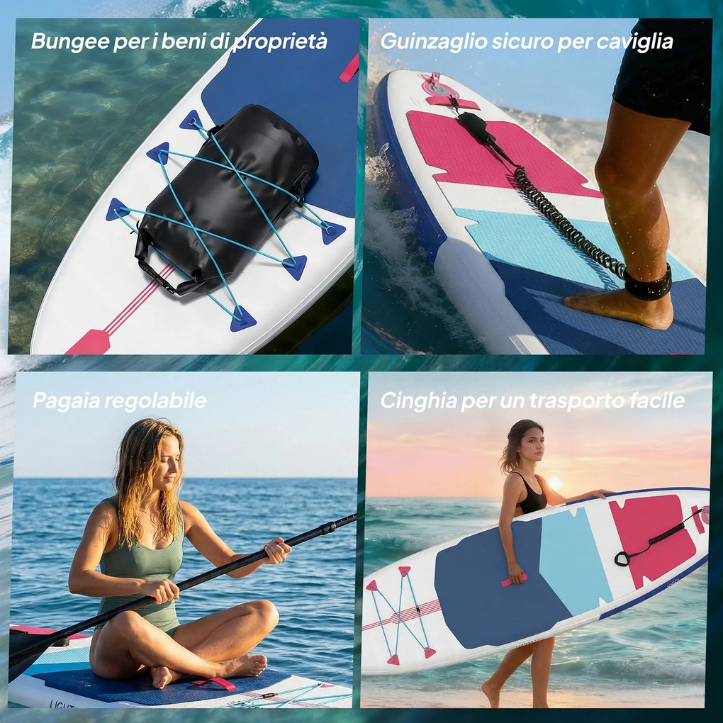 Tavola Sup Gonfiabile 305x89x15 cm con Sedile Pagaia e Accessori in Plastica ed EVA Blu Rosso Rosa...