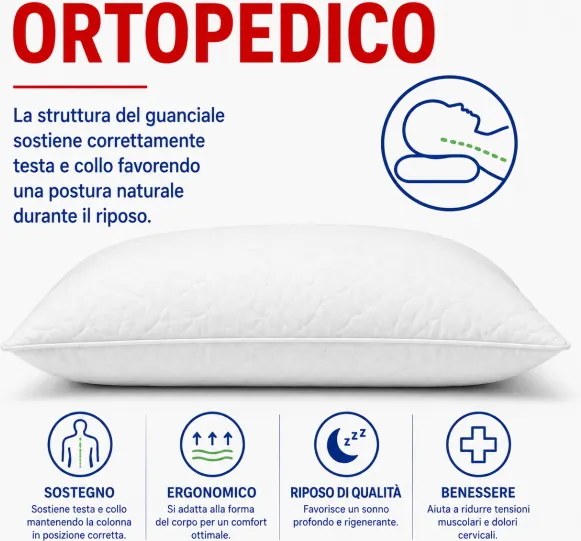 Guanciale Ortopedico Cuscino 75x45 cm Anallergico Traspirante Cotone Bianco