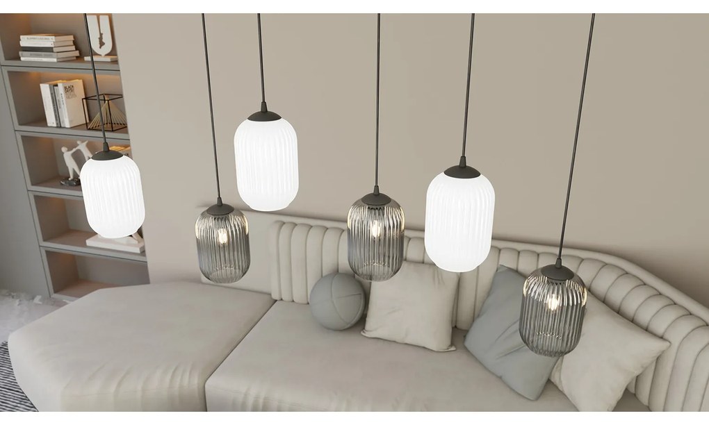 Lampadario 6 Luci Selene In Acciaio Nero E Vetri Plissettati In Bianco E Fumè