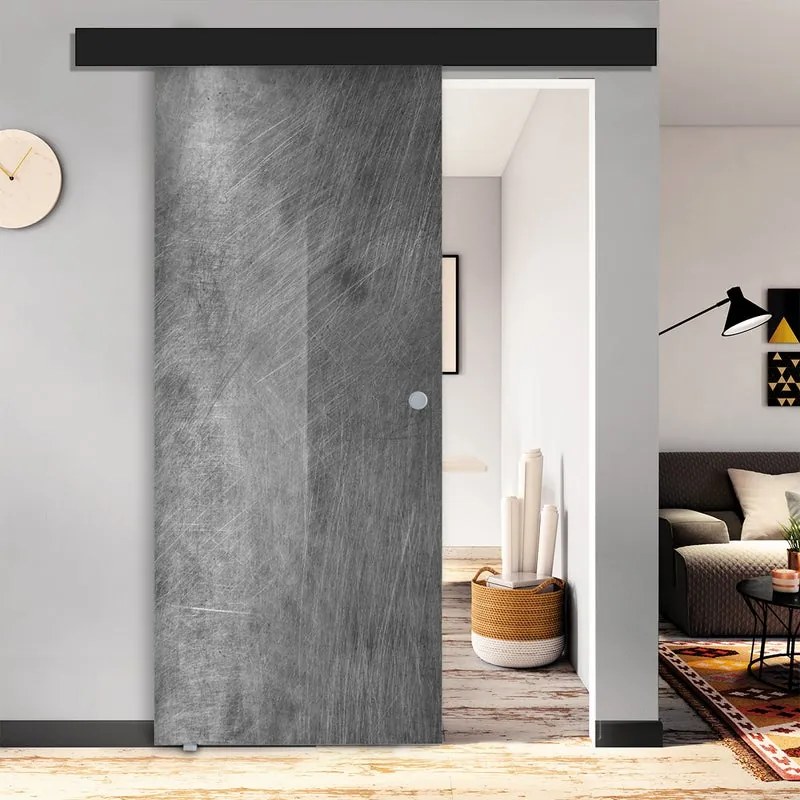 Porta scorrevole Graffi in vetro grigio, L 88 x H 220 cm, con binario Atelier nero Sinistra