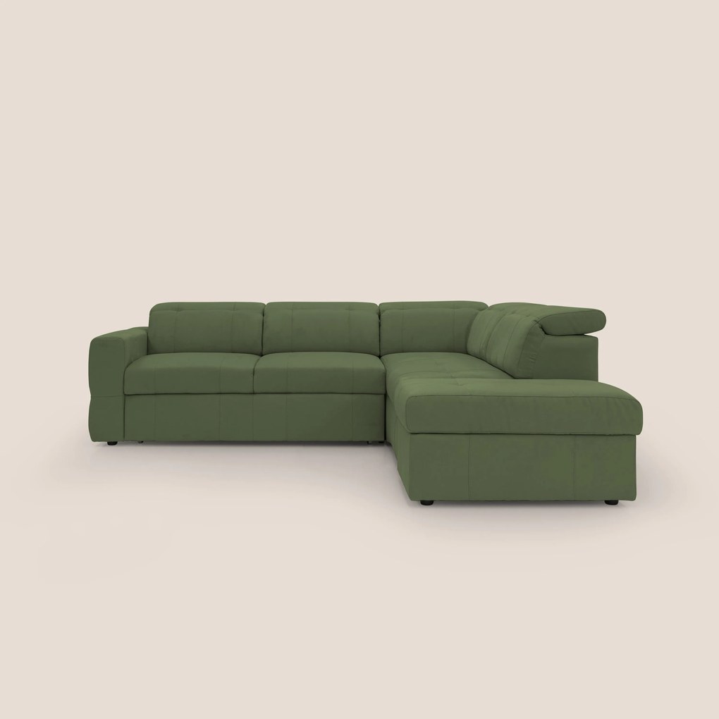 Kronos Divano angolare con poggiapiedi estraibile e pouf contenitore mobile in microfibra impermeabile T11 verde