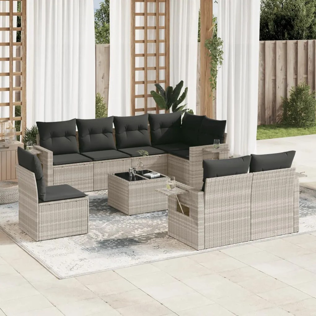 Set divano da giardino 9pz con cuscini grigio chiaro polyrattan