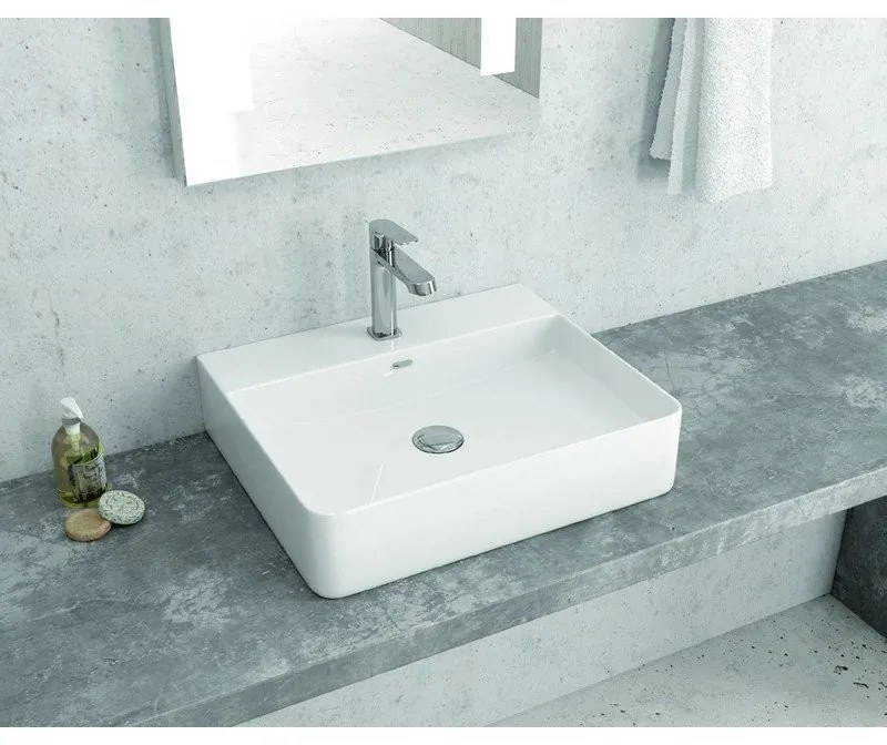 Kamalu - Lavabo bagno da appoggio 50cm ceramica bianco lucido | Litos-0006